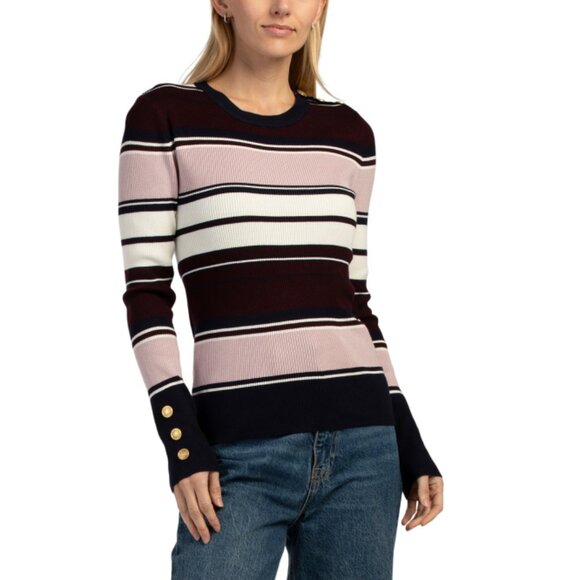 ELLEN TRACY Multi Crew Neck Rib Sweater With Button Detail - Picture 1 of 2